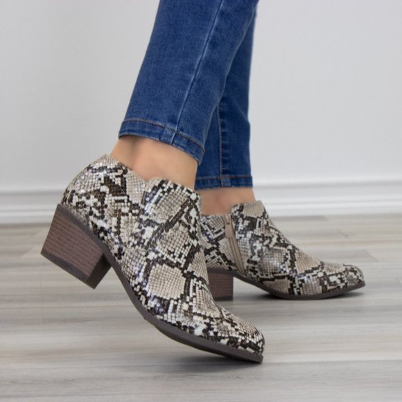 Shoes - Python Snake Print Low Cut Ankle Booties